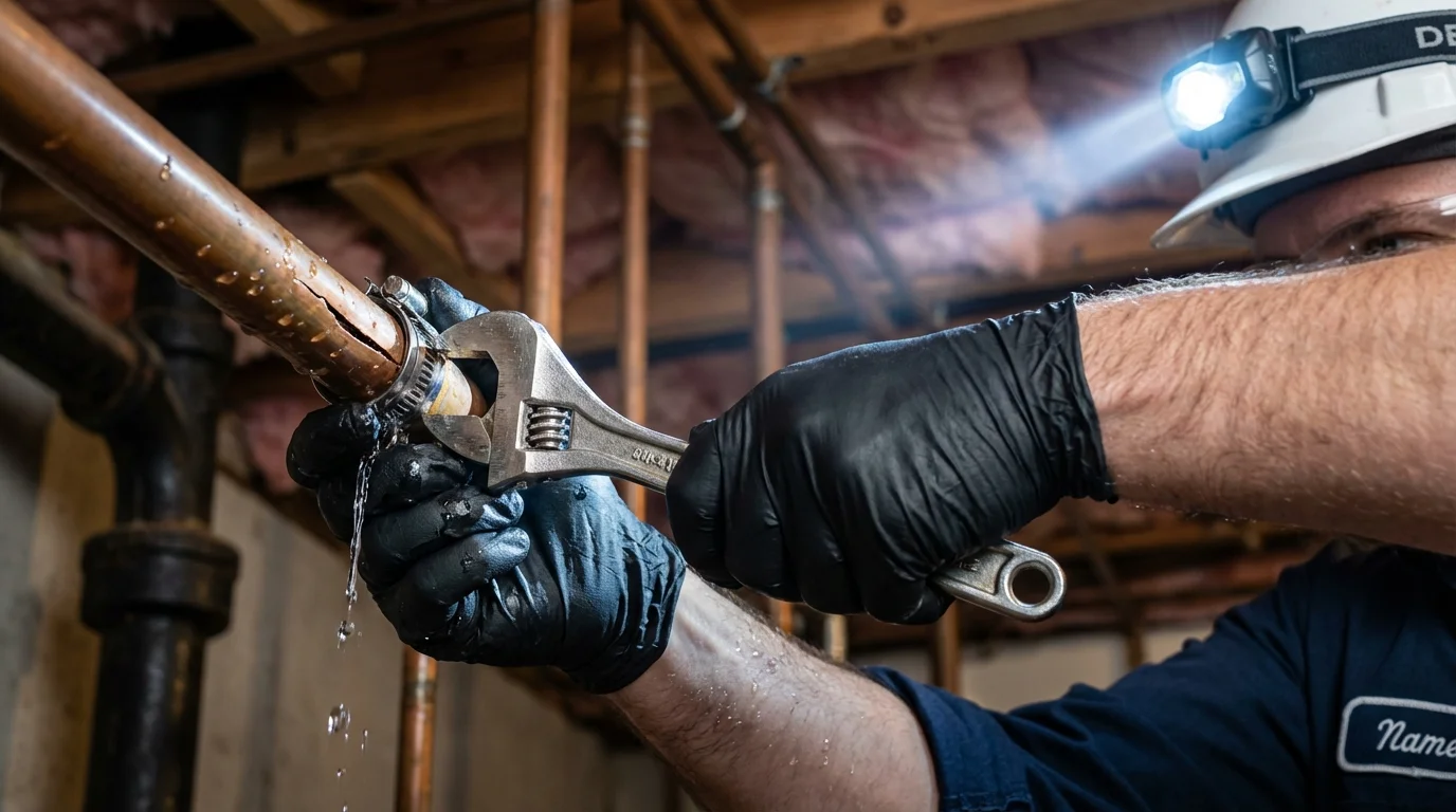 Emergency pipe clamp repair being performed by a Johns Plumbing LLC plumber in Saint Helens