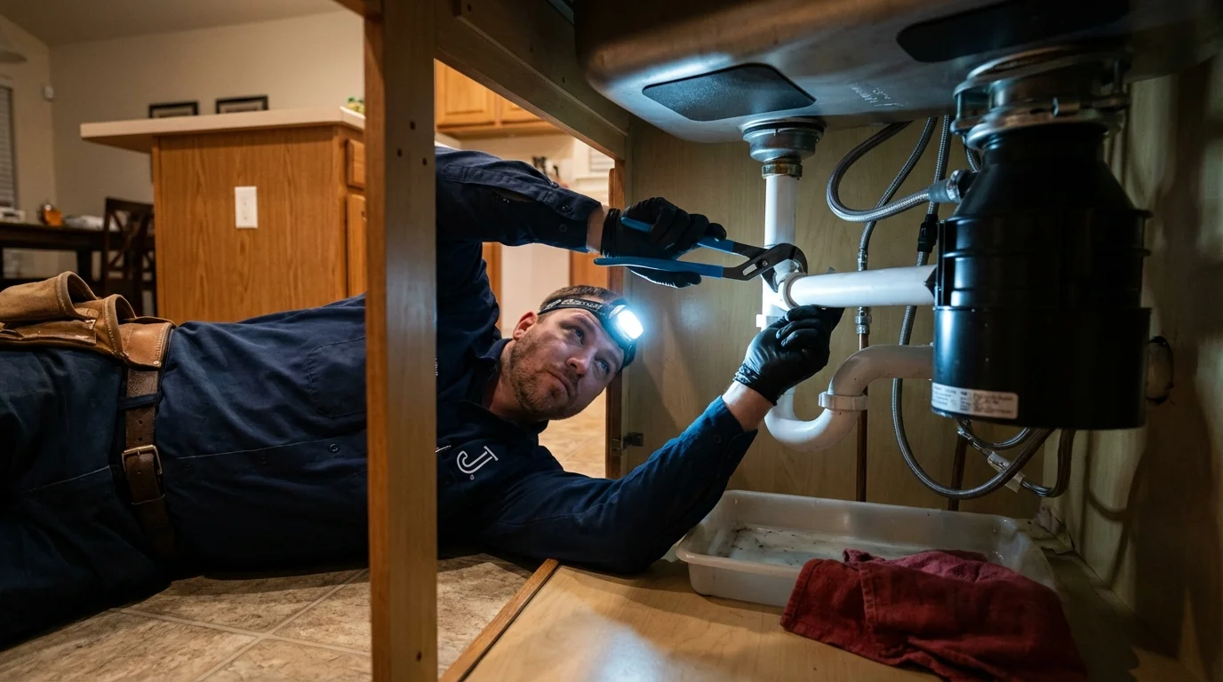 P-trap and supply line connections under a kitchen sink showing a common leak point in Saint Helens, OR